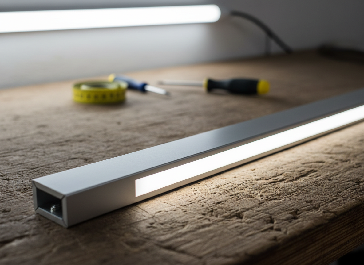 A close-up detail shot of a high-quality LED chandelier arm in the BF Aydınlatma workshop, showing a brushed aluminum profile with integrated silicone-diffused LED strip glowing softly in neutral white. The arm rests on a sturdy industrial workbench with visible wood grain and a few neatly arranged tools in the blurred background, such as screwdrivers and measuring tape. Overhead workshop lighting casts clear, functional illumination, creating defined but not harsh shadows and subtle reflections on the metal surface. Captured with a macro lens and shallow depth of field, the LED diodes are evenly diffused with no hotspots, highlighting precision manufacturing and durability. The atmosphere is technical, clean, and professional, emphasizing craftsmanship in a realistic, documentary-style photographic image.