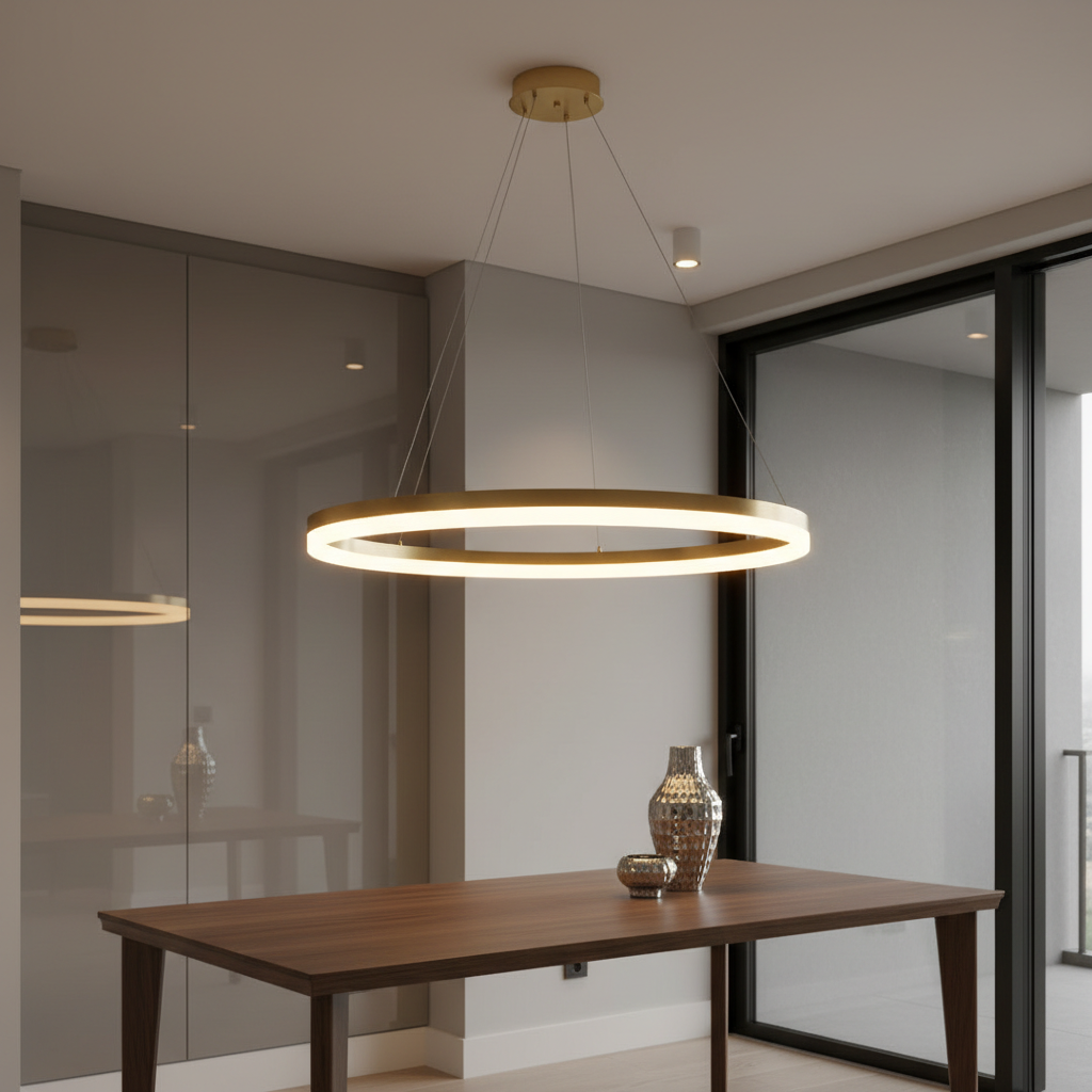 A single statement LED chandelier designed and manufactured in Istanbul Sultangazi, featuring a circular brushed gold metal frame with continuous, opal-diffused LED strips on the inner edge, emitting a warm 3000K glow. The fixture is suspended by thin, nearly invisible wires above a minimalist dining table in a contemporary apartment interior. Matte light-gray walls and a smooth, dark wood tabletop create contrast, while subtle reflections appear on nearby glass surfaces. Directional ceiling spotlights provide gentle accent lighting that complements the chandelier’s own illumination. Shot from a slightly elevated angle, the composition follows the rule of thirds, isolating the chandelier as the hero element with a softly blurred background. The mood is professional, elegant, and refined, rendered in crisp photographic realism.
